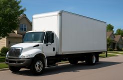 A parked moving truck on a suburban street with houses in the background